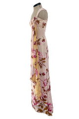 Prettiest Spring 2006 Valentino Runway Pink Floral Rose Print Pink Silk Chiffon w Draped Side Panel
