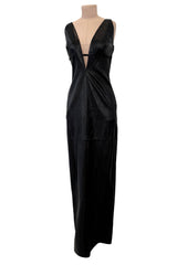 Exceptional Fall 2000 Richard Tyler Couture Plunging Front & Open Back Sculpted Black Ultrasoft Leather Dress