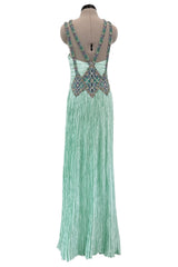 Incredible 1980s Mary McFadden Couture Pastel Teal Green Pleated Dress w Hand Beading
