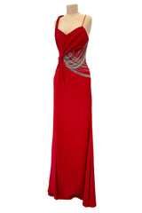 Fabulous 2000s Versace by Donatella Red Crepe Dress w Rhinestone & Silver Chain Detailing