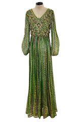 Exquisite 1960s James Galanos Metallic Green & Gold Silk Dress w Heavily Beaded Bodice