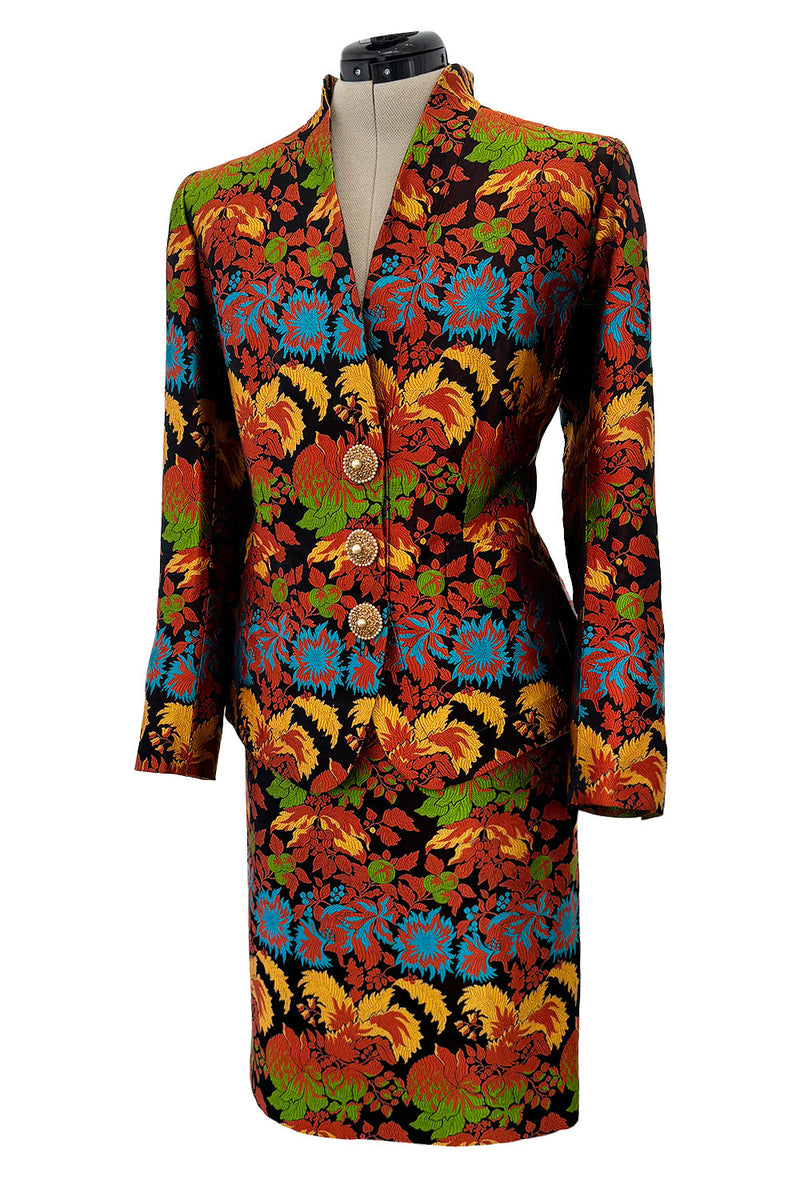 Spectacular Spring 1990 Yves Saint Laurent Haute Couture Silk Damask Runway Suit w Amazing Pearl Jewel Buttons
