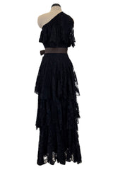 Incredible 1960s Donald Brooks Black Lace Tiered One Shoulder Jumpsuit w Wide Legs & Belt