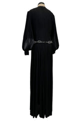 Gorgeous 1960s James Galanos Meticulously Pleated Black Silk Chiffon Dress w Elaborate Belt