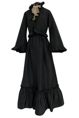 Dreamy 1980s Valentino Black Silk Wide Ruffled Hem Dress w Matching Wide Bell Sleeve Cropped Jacket