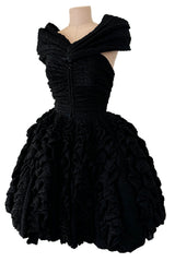 Exceptional Spring 1988 Christian Lacroix Demi-Couture Luxe Label Black Pouf Dress w Attached Shoulder Piece