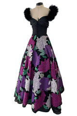 1990s Nina Ricci by Gerard Pipart Haute Couture Black Off Shoulder Dress w Hand Quilted Floral Skirt