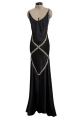 Outstanding Fall 2004 Alexander McQueen Bias Cut Black Silk Dress w Bare Back & Silver Thread Ribbon Detailing