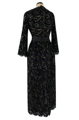 Incredible Fall 1970 Donald Brooks Runway Black Chenille & Sequin Net Lace Dress w Plunge Front