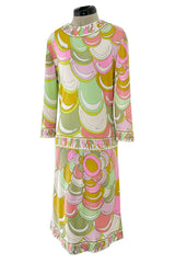 Prettiest 1960s Emilio Pucci Pale Pastel Curving Print Silk Jersey Dress w Contrasting Border