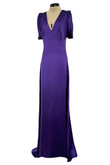 Beautiful 2007 Alexander McQueen Purple Bias Cut Liquid Silk Satin Dress w Amazing Sleeves