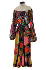 Fantastic 1970s Lanvin by Jules-Francois Crahay Printed Off Shoulder Stretch Jersey Dress