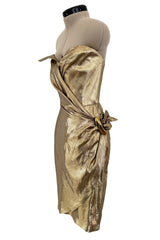 Fabulous c.1986 Thierry Mugler Strapless Metallic Gold Lurex Mini Dress w Buckle Detail