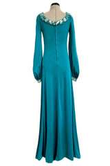 Stunning Spring 1971 Loris Azzaro Deep Turquoise Silk Jersey Dress w Densely Beaded Plunging Front Detail