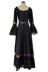 Beautiful 1960s Original Mexican Tourist Black Pin Tuck Dress w Hand Embroidered Flowers