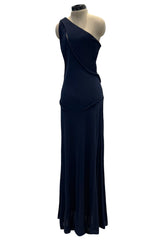 Minimalist 1990s Geoffrey Beene Deep Blue Silk Jersey One Shoulder Dress w Cut Out Details