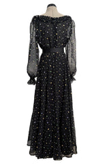 Prettiest 1970s Louis Feraud Black Chiffon Ruffled Dress w Multi Coloured Embroidered Dots