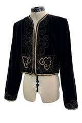 Fantastic 1970s Yves Saint Laurent Cropped Boc Cut Black Velvet Jacket w Metallic Gold Cord Detailing