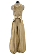 1981 Bill Tice Gold Metallic Backless Jumpsuit w Wide Balloon Legs