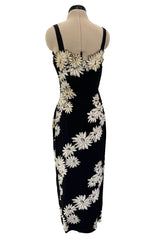 Bombshell Late 1940s Early 1950s Deep Blue Silk Wiggle Dress w Hand Cut Sequin Floral Applique