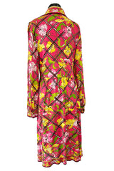 Prettiest 1960s Emilio Pucci Original Pink Silk Jersey Dress w Lattice Flower & Leaf Print