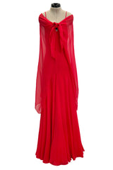 Superb Spring 1977 Halston Runway Bias Cut red Silk Chiffon Dress w Original Cape Shawl