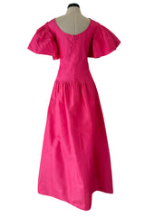 Prettiest 1980s Pierre Cardin Bright Pink Dress w Puff Sleeves & Flat Pleating