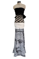 Fantastic Spring 2001 Jean Paul Gaultier Runway Multi Length Mesh Band Dress w Jersey Face Print Skirt