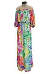Prettiest 1970s Leonard Washed Floral Pastel Print Silk JerseyEasy -to-Wear Elastic Off Shoulder Dress