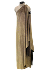 1978 Halston One Shoulder Draped Gold Metallic Jersey Dress