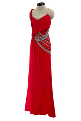 Fabulous 2000s Versace by Donatella Red Crepe Dress w Rhinestone & Silver Chain Detailing