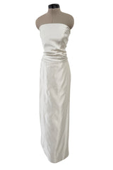 Minimalist 1990s Givenchy Silver Undertone Ivory Strapless Silk Dress w Back Gathering & Shawl