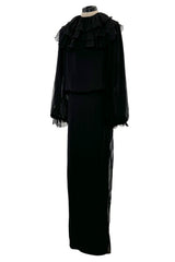 Beautiful 1970s James Galanos Couture Black Silk Chiffon Bias Cut Dress w Removeable Ruffled Collar