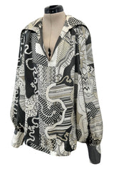 Beautiful & Rare 1970s Thea Porter Balloon Sleeve Grey Toned Printed Top w Pointed Collar