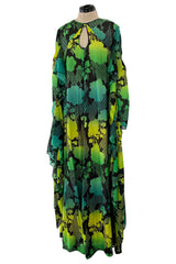 Magical 1970s Jean Varon Green Printed Dress w Elaborate Ruffled Sleeves