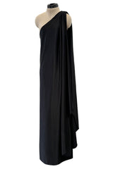 Original 1978 Halston Couture Main Label Black Jersey One Shoulder Draped Full Length Maxi Dress