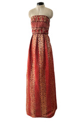 Stunning 1960s Paul Whitney Numbered Strapless Beaded Gold & Red Silk Brocade Dress