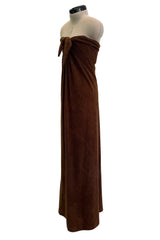 Ultra Rare 1976 Halston Iconic Front Tying Easy to Wear Column Dress in a Bias Cut Chocolate Brown Terry Cloth