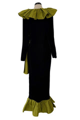 Amazing Fall 1984 Yves Saint Laurent Runway Black Velvet Wrap Dress w Olive Silk Taffeta Ruffles