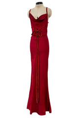 Exquisite Fall 1999 John Galliano Deep Red Bias Cut Patterned Silk Backless Dress w Velvet Ribbon Details