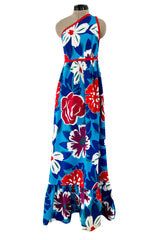Prettiest 1977 Oscar de la Renta for Swirl One Shoulder Printed Bright Floral Cotton Dress w Ruffled Hem