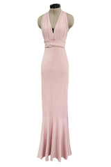 Prettiest 2000s Gianni Versace Pale Dusty Pink Plunge Stretch Jersey Halter Dress w Open Back