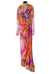 Extraordinary 1970s James Galanos Couture Floral Print Silk Chiffon Dress w Beaded Butterfly Detailing