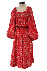 Prettiest 1970s Hanae Mori Red Print Light Silk Dress w Full Balloon Sleeves & Tiered Skirt