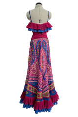 Incredible 1970s Jean Patou Printed Silk Organza Dress w Layered Ruffled Neckline & Hem