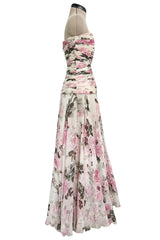 Prettiest 1970s Lanvin Couture Pastel Floral Print Strapless Silk Chiffon Dress w Balloon Sleeve Jacket