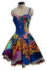 Iconic Spring 1992 Versace by Gianni Versace Jeans Couture Floral Print Full Skirt Halter Mini Dress