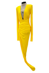 Gorgeous Spring 2020 Alexandre Vauthier Yellow Silk Jersey Dress w Plunge & High Front Slit