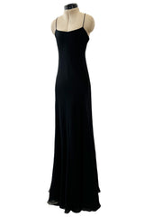 Exceptional 1970s George Stavropoulos Perfectly Minimalist Bias Cut Black Silk Chiffon Dress