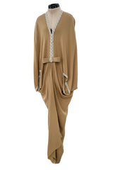 Incredible 1978 Pierre Cardin Haute Couture Soft Taupe Silk Cape Dress w Rhinestone Detailing